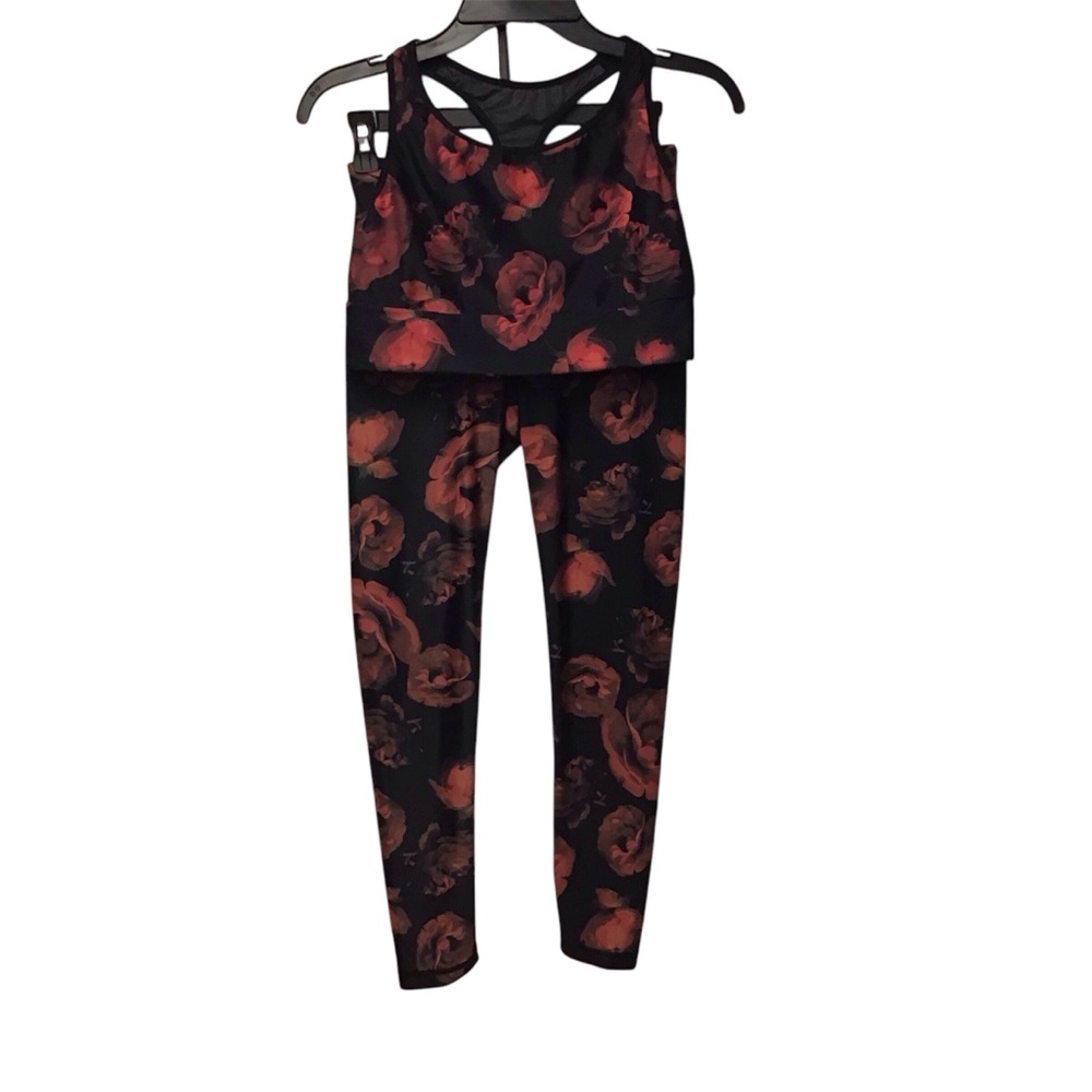 Victoria Secret Sports Bra Legging Set Black Roses Racer Back Athletic SZ S